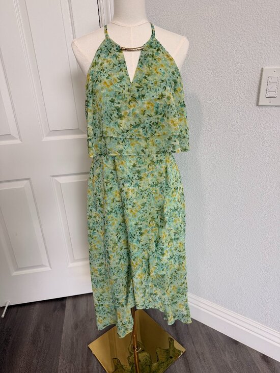 Dresses & Skirts - Floral Halter Midi Dress Green Yellow Tiered Feminine Spring Dress